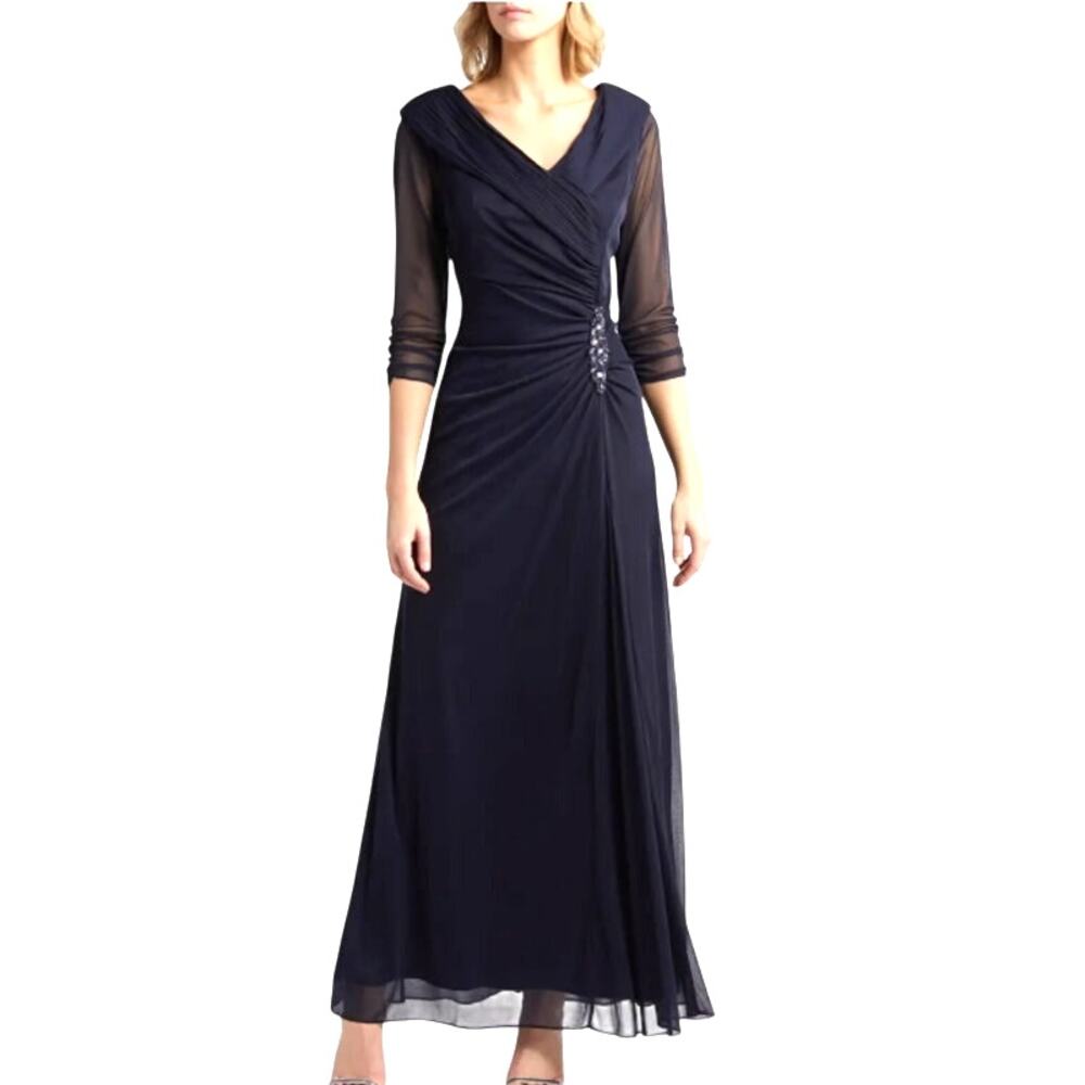 NWT  Alex Evenings Navy Illusion Sleeve Ruched Wrap Gown, Petite 14P